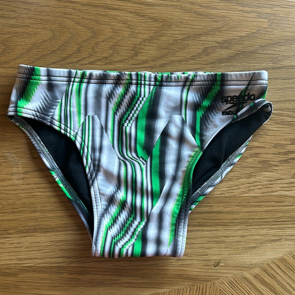 Speedo Endurance competitive swim briefs; Size 24; green black and gray colors;